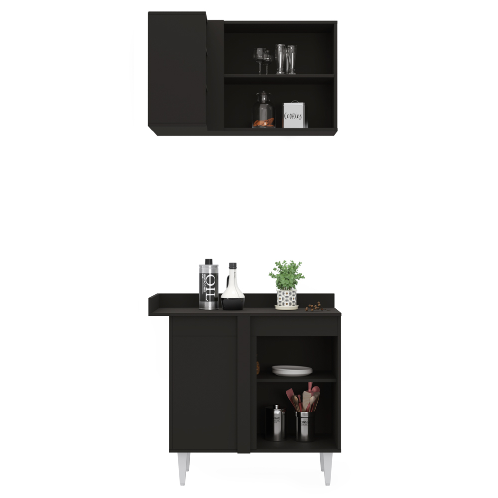Balcão 1 Porta Denver e Armário Aéreo Austin de Canto Preto/Cinza - Lumil