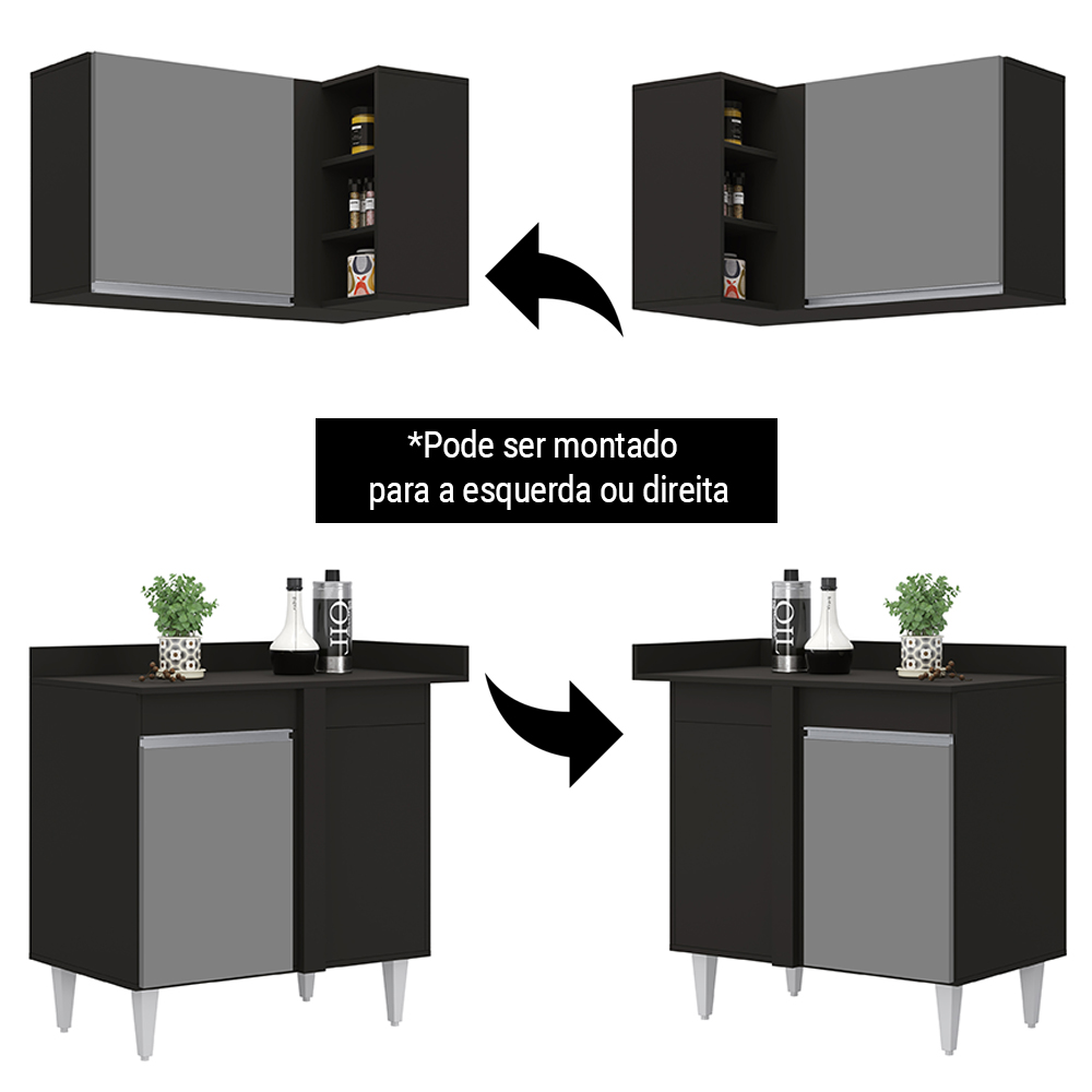 Balcão 1 Porta Denver e Armário Aéreo Austin de Canto Preto/Cinza - Lumil