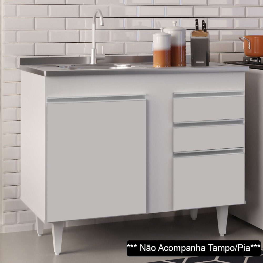Balcão Gabinete 100cm Sem Tampo 3 Portas 2 Gavetas Luziania Branco - Lumil Móveis