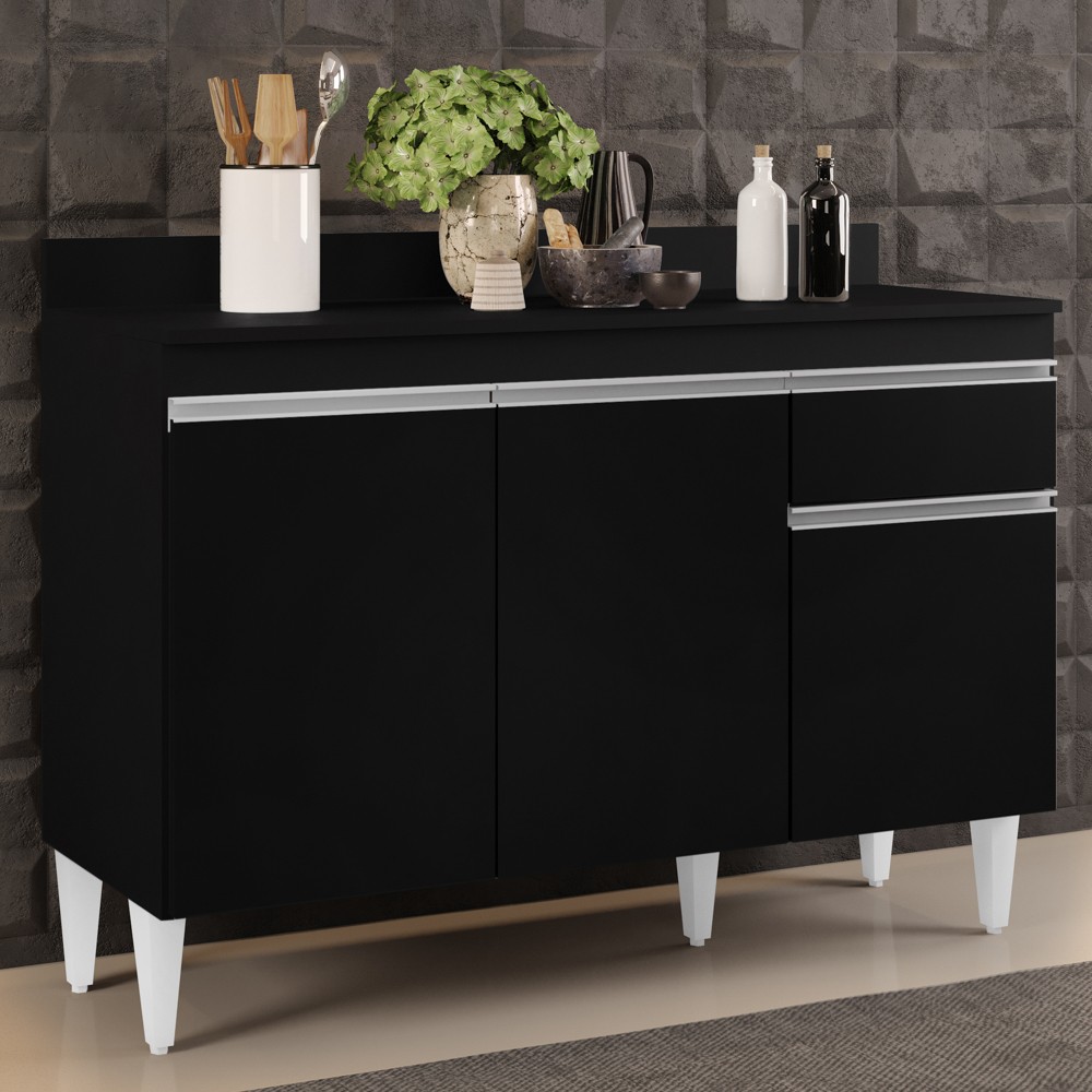 Balcão Gabinete 120cm Com Tampo 3 Portas 1 Gaveta Arizona Preto - Lumil Móveis