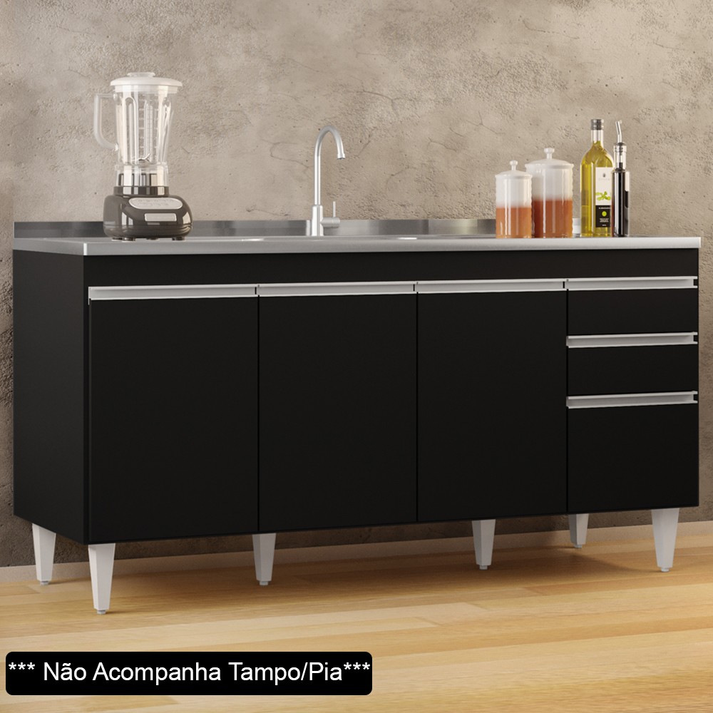 Balcão Gabinete 160cm Sem Tampo 4 Portas 2 Gavetas Arkansas Preto - Lumil Móveis