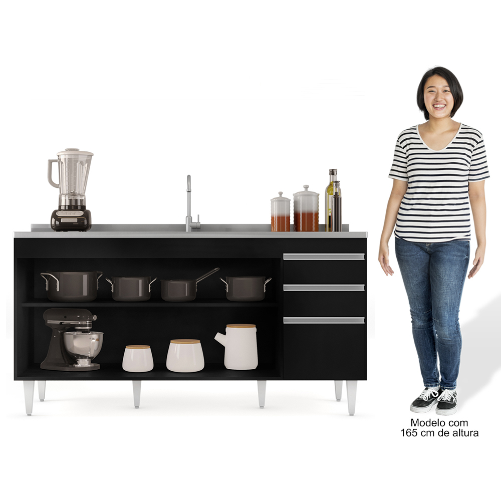 Balcão Gabinete 160cm Sem Tampo 4 Portas 2 Gavetas Arkansas Preto - Lumil Móveis