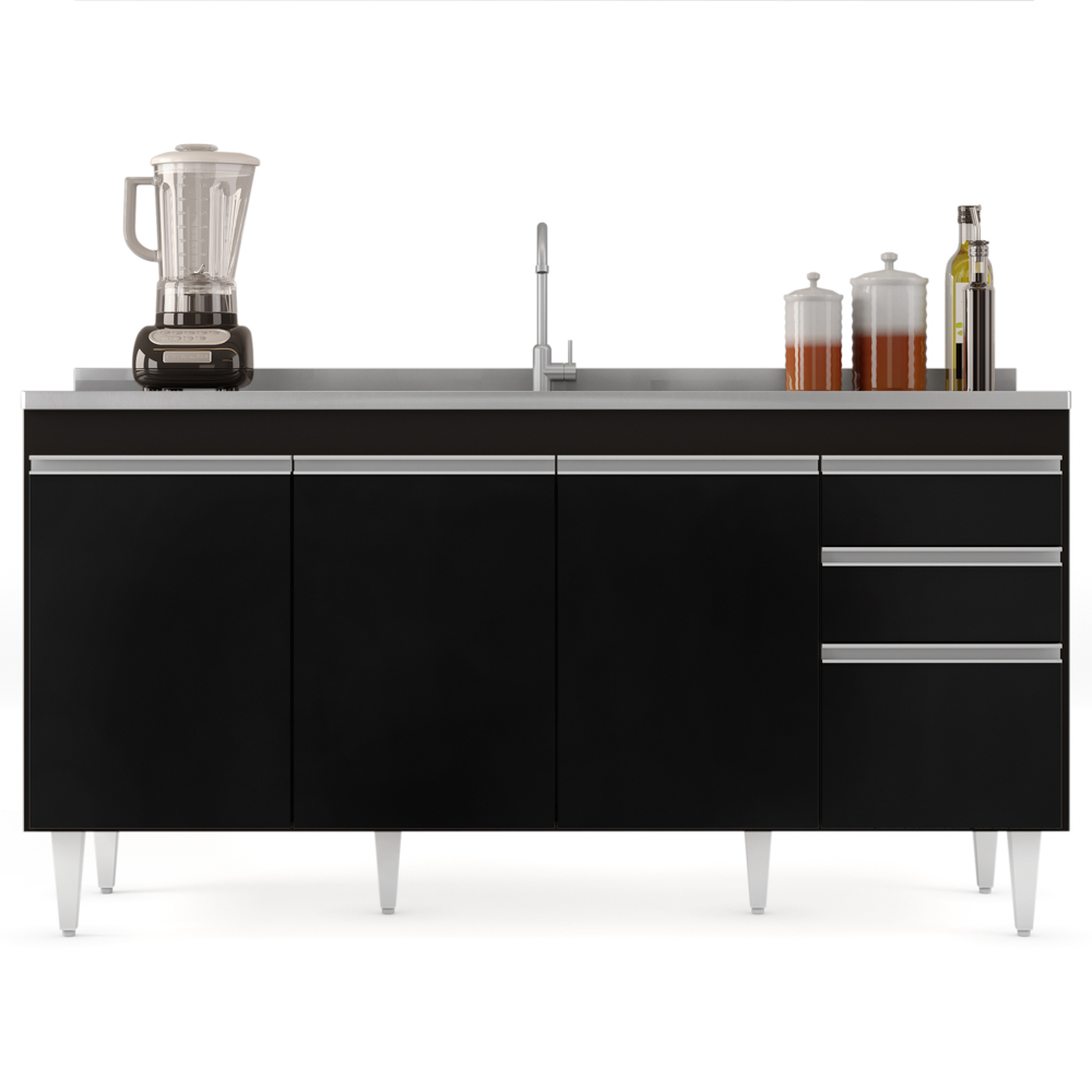 Balcão Gabinete 160cm Sem Tampo 4 Portas 2 Gavetas Arkansas Preto - Lumil Móveis