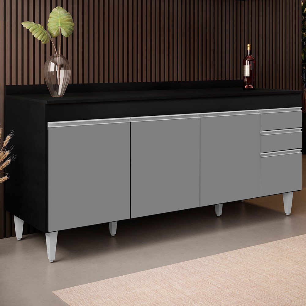 Balcão Gabinete 180cm com Tampo Dallas Preto/Cinza - Lumil