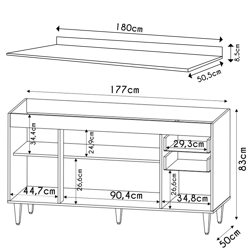 Balcão Gabinete 180cm com Tampo Dallas Preto/Cinza - Lumil