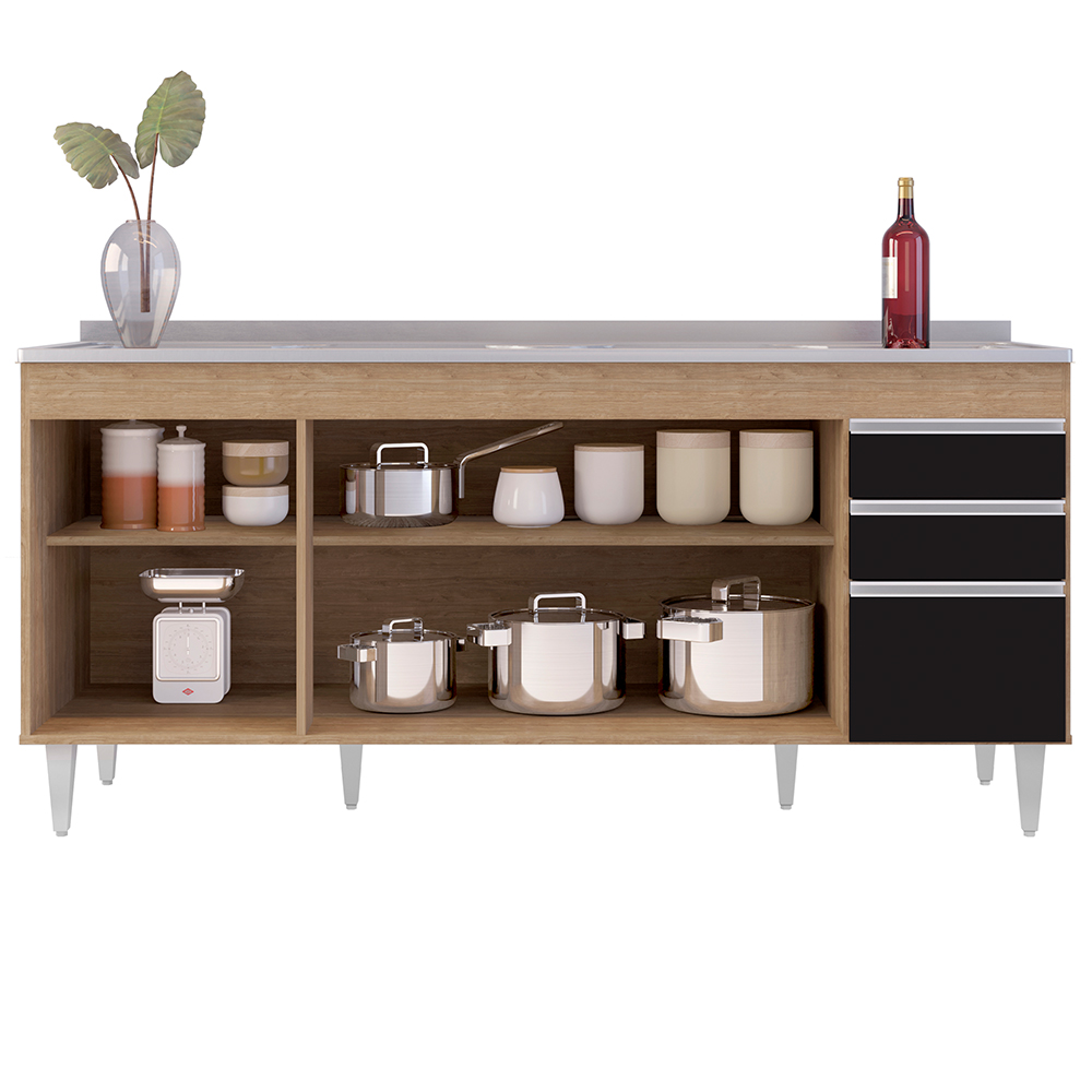 Balcão Gabinete Com Pia 180cm Dallas Castanho/Preto - Lumil