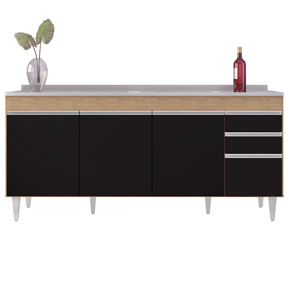 Balcão Gabinete Com Pia 180cm Dallas Castanho/Preto - Lumil