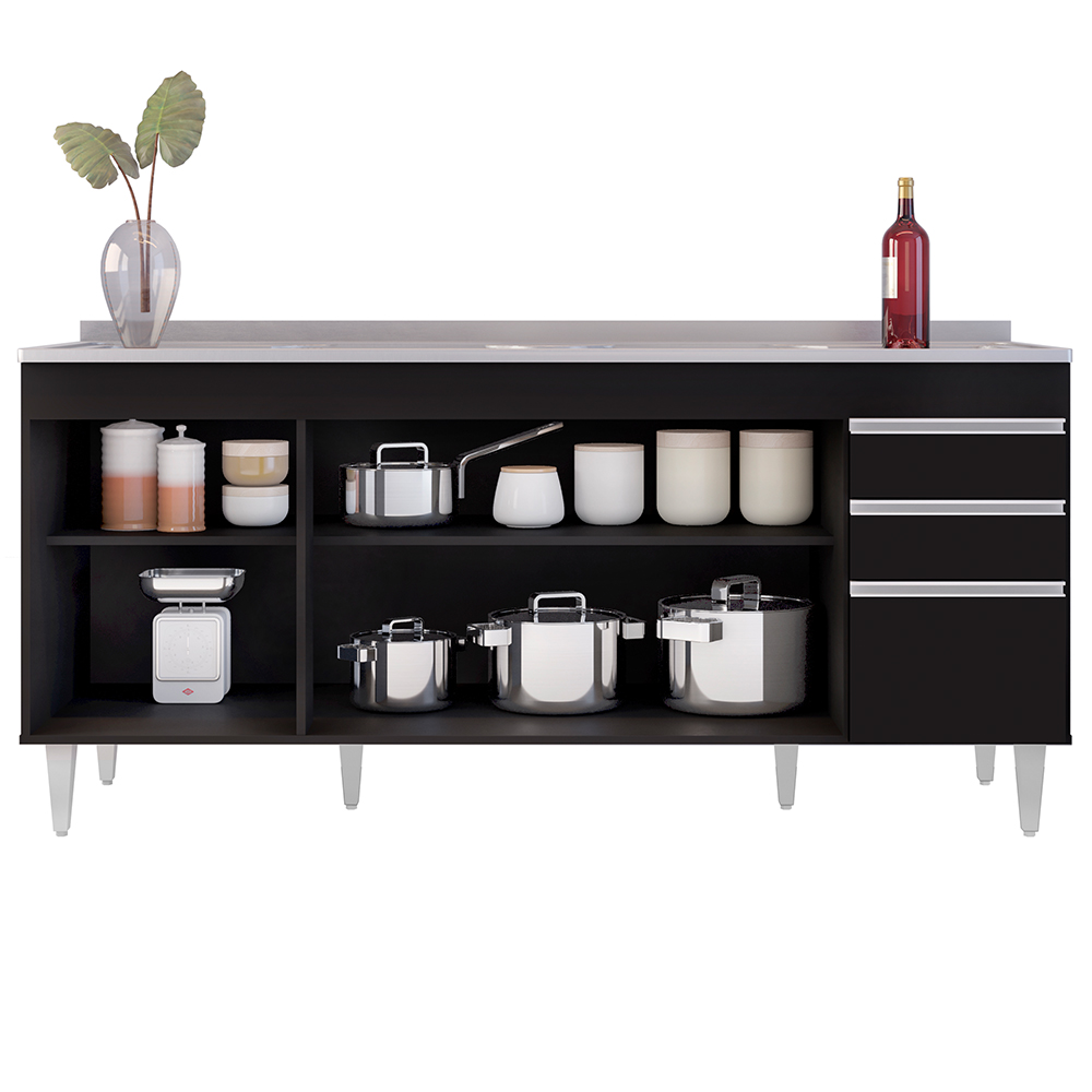 Balcão Gabinete Com Pia 180cm Dallas Preto - Lumil