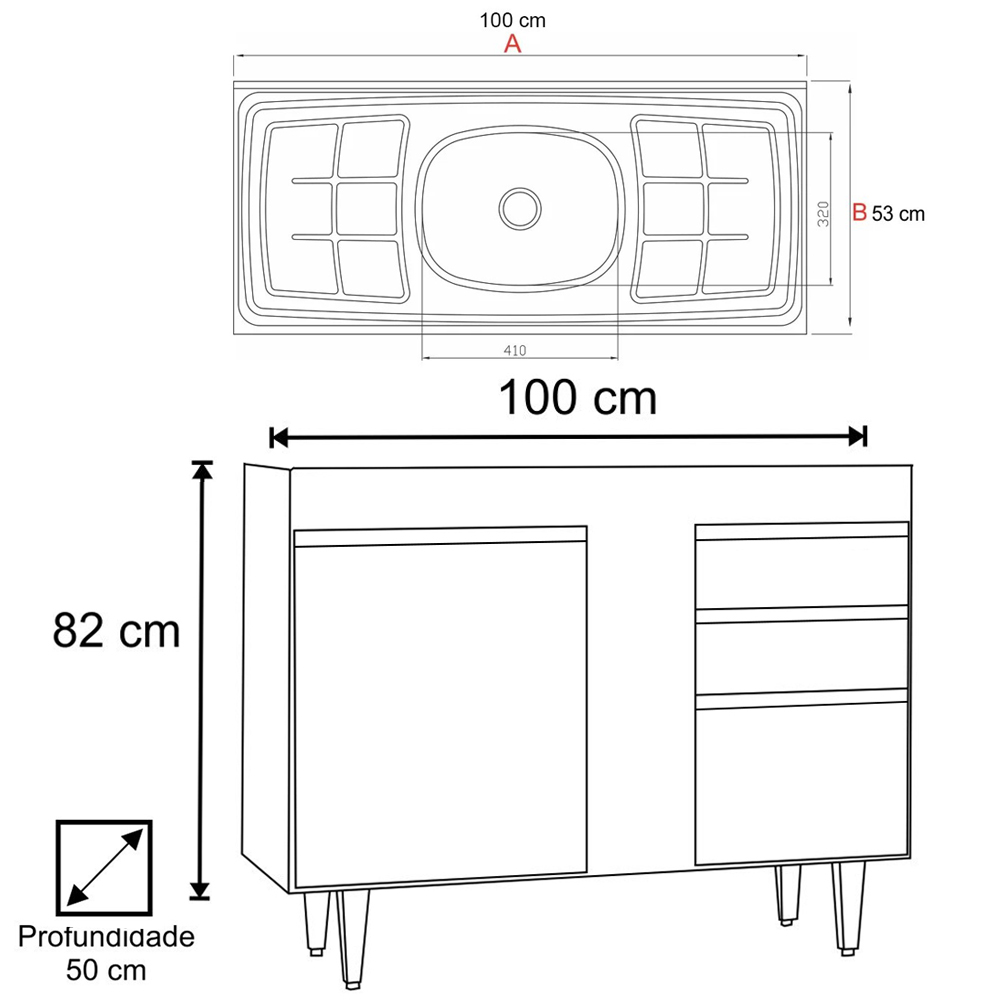 Balcão Gabinete Com Pia Inox 100cm 2 Portas 2 Gavetas Luziania Branco - Lumil Móveis