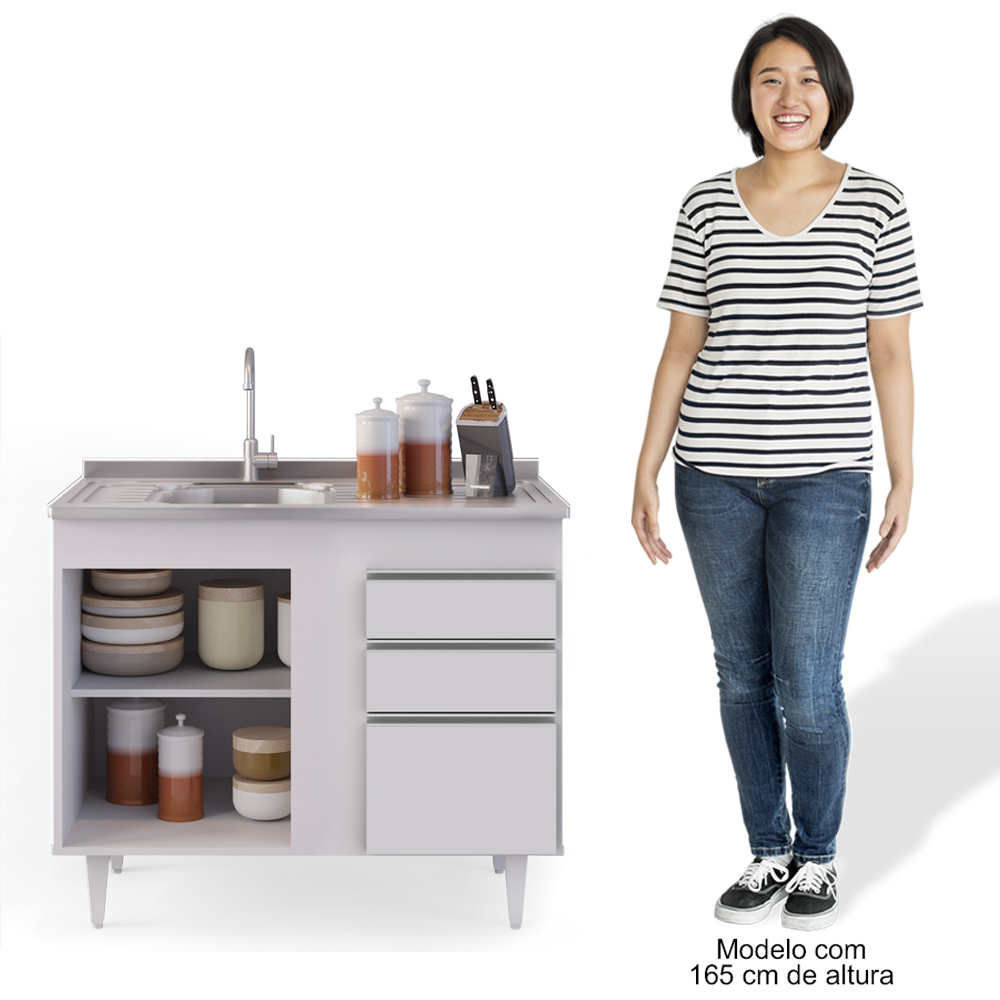 Balcão Gabinete Com Pia Inox 100cm 2 Portas 2 Gavetas Luziania Branco - Lumil Móveis