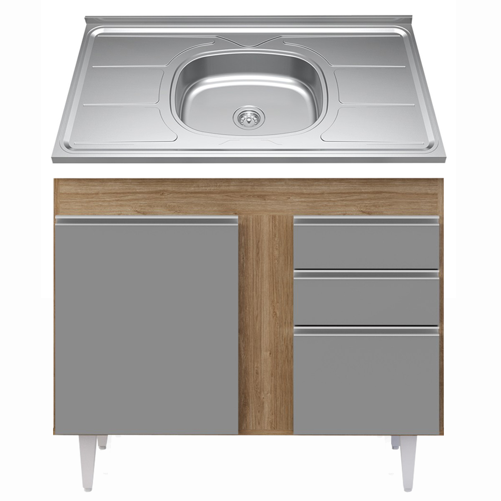 Balcão Gabinete Com Pia Inox 100cm 2 Portas 2 Gavetas Luziania Castanho/Cinza - Lumil