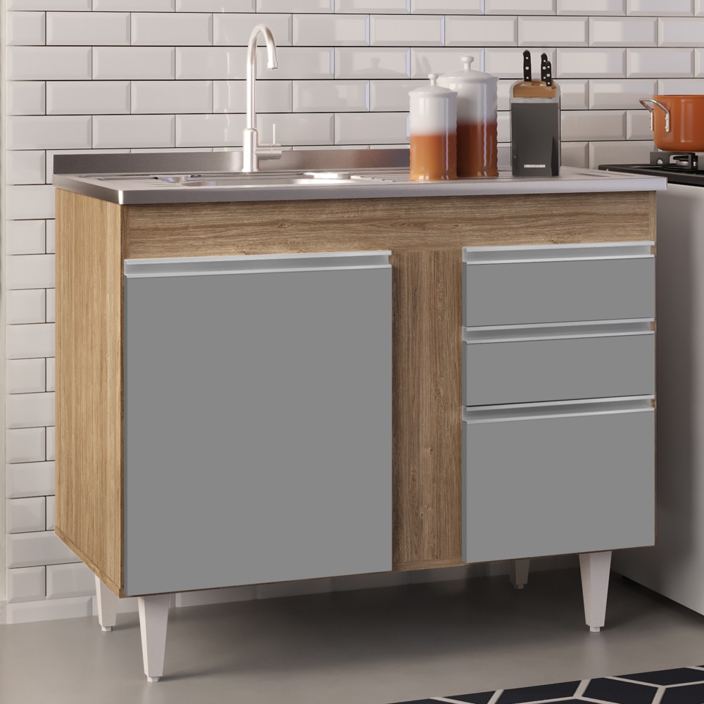 Balcão Gabinete Com Pia Inox 100cm 2 Portas 2 Gavetas Luziania Castanho/Cinza - Lumil