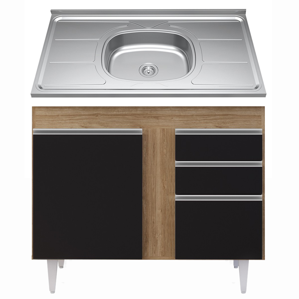Balcão Gabinete Com Pia Inox 100cm 2 Portas 2 Gavetas Luziania Castanho/Preto - Lumil