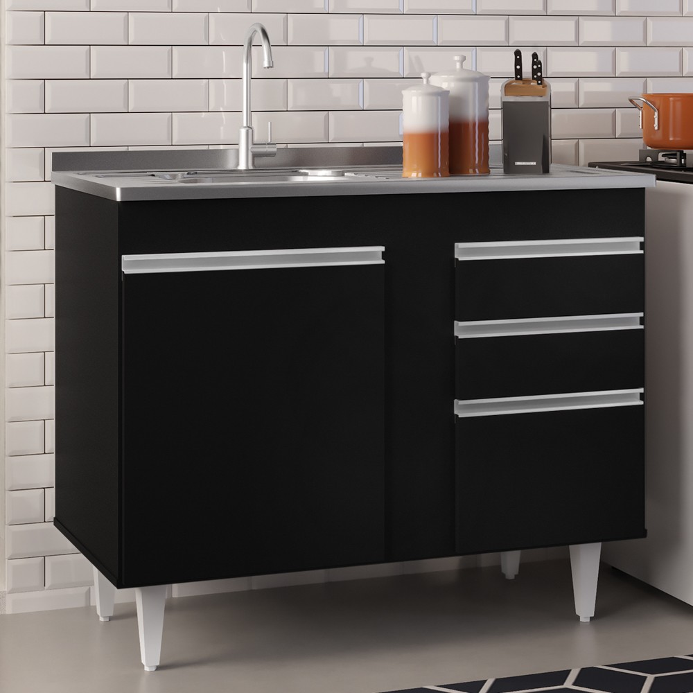 Balcão Gabinete Com Pia Inox 100cm 2 Portas 2 Gavetas Luziania Preto - Lumil Móveis