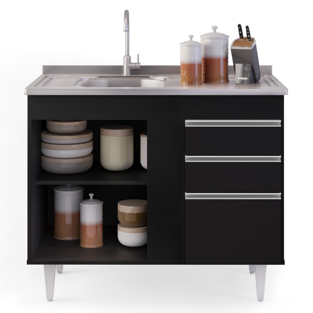 Balcão Gabinete Com Pia Inox 100cm 2 Portas 2 Gavetas Luziania Preto - Lumil Móveis