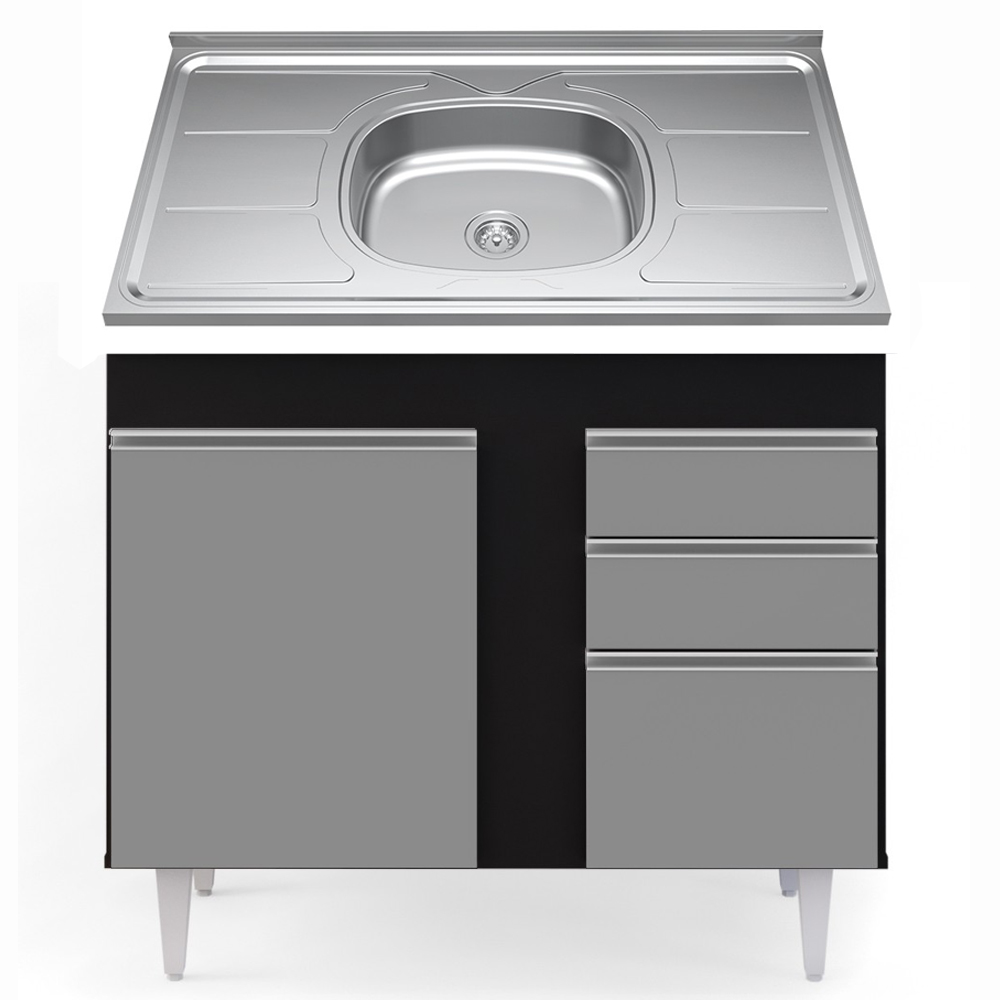 Balcão Gabinete Com Pia Inox 100cm 2 Portas 2 Gavetas Luziania Preto/Cinza - Lumil