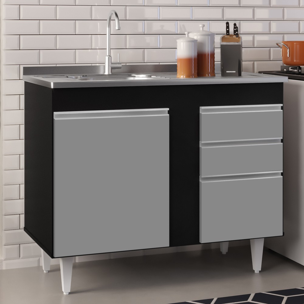Balcão Gabinete Com Pia Inox 100cm 2 Portas 2 Gavetas Luziania Preto/Cinza - Lumil