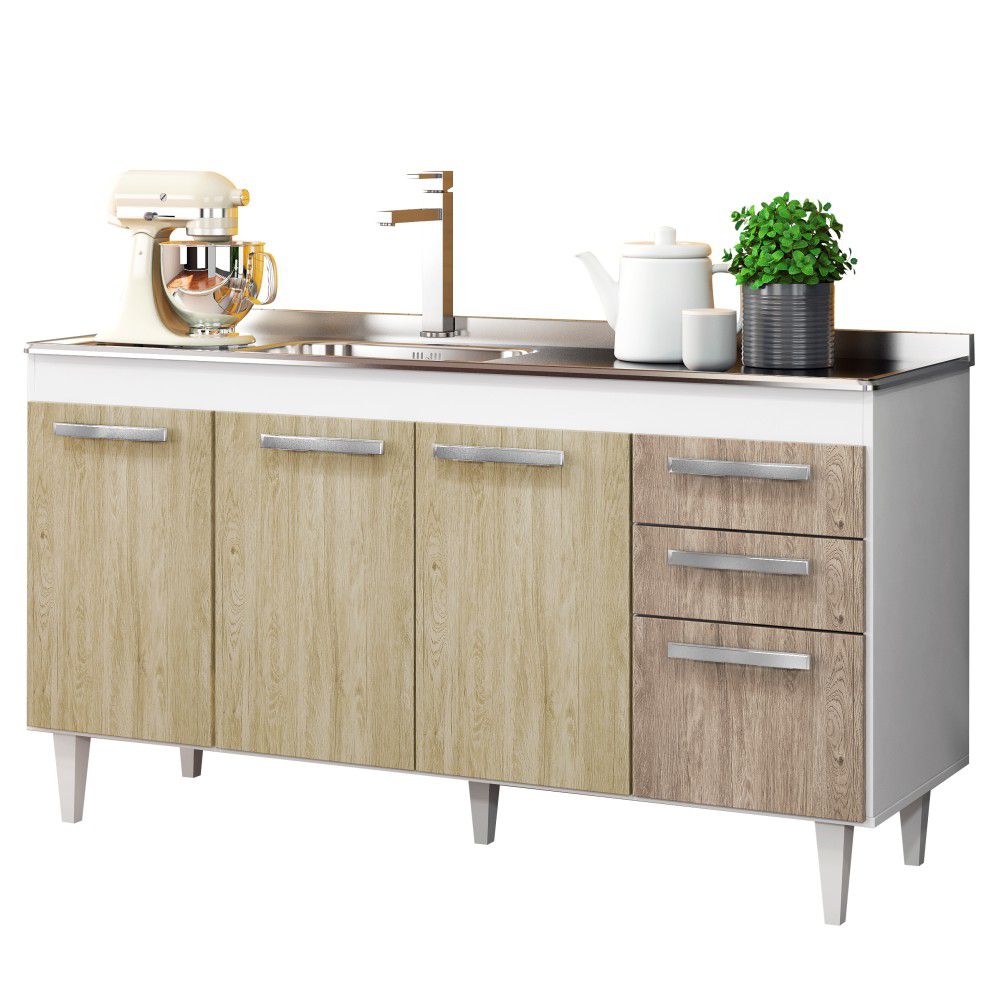 Balcão Gabinete Lisboa e Pia Inox 150cm 4 Portas - Lumil Móveis