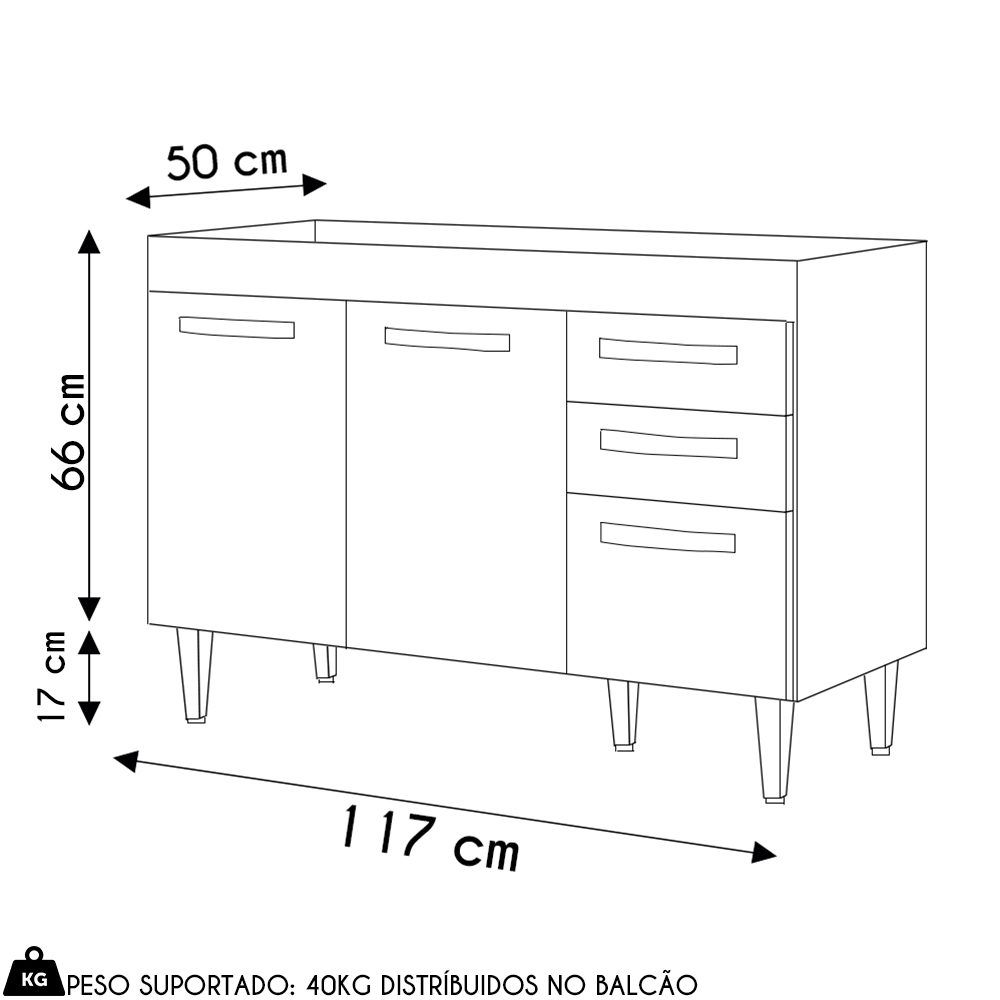 Balcão Gabinete Para Pia 120cm 3 Portas sem Tampo Suécia Cinza - Lumil