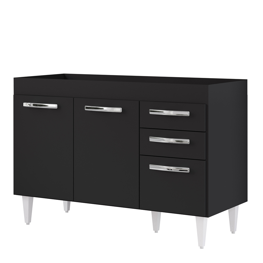 Balcão Gabinete Para Pia 120cm 3 Portas sem Tampo Suécia Preto - Lumil