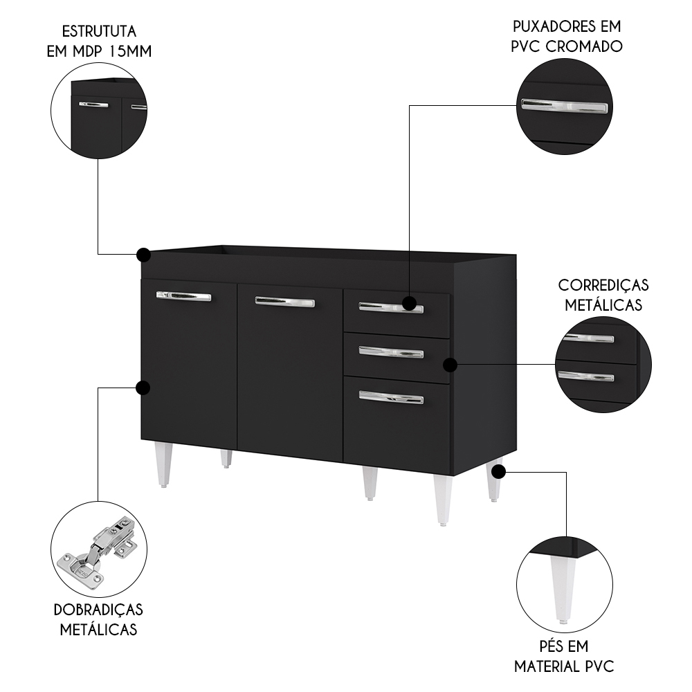 Balcão Gabinete Para Pia 120cm 3 Portas sem Tampo Suécia Preto - Lumil