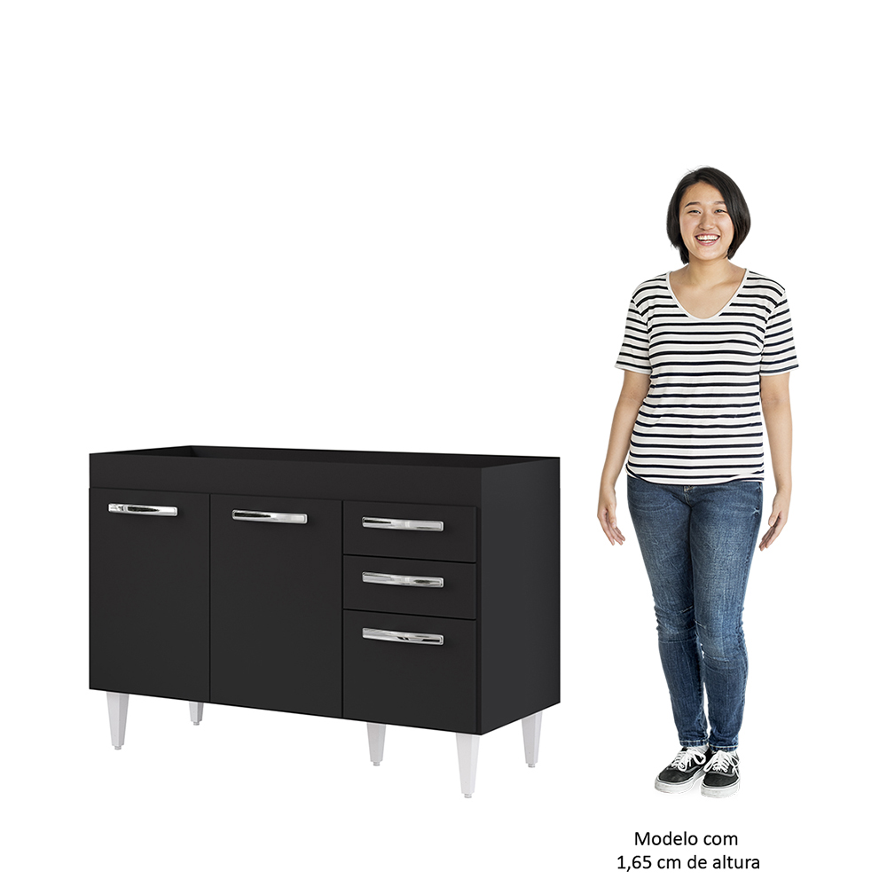 Balcão Gabinete Para Pia 120cm 3 Portas sem Tampo Suécia Preto - Lumil