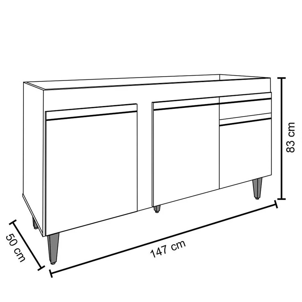 Balcão Gabinete Para Pia 150cm Sem Tampo 3 Portas 1 Gaveta Dakota Branco - Lumil