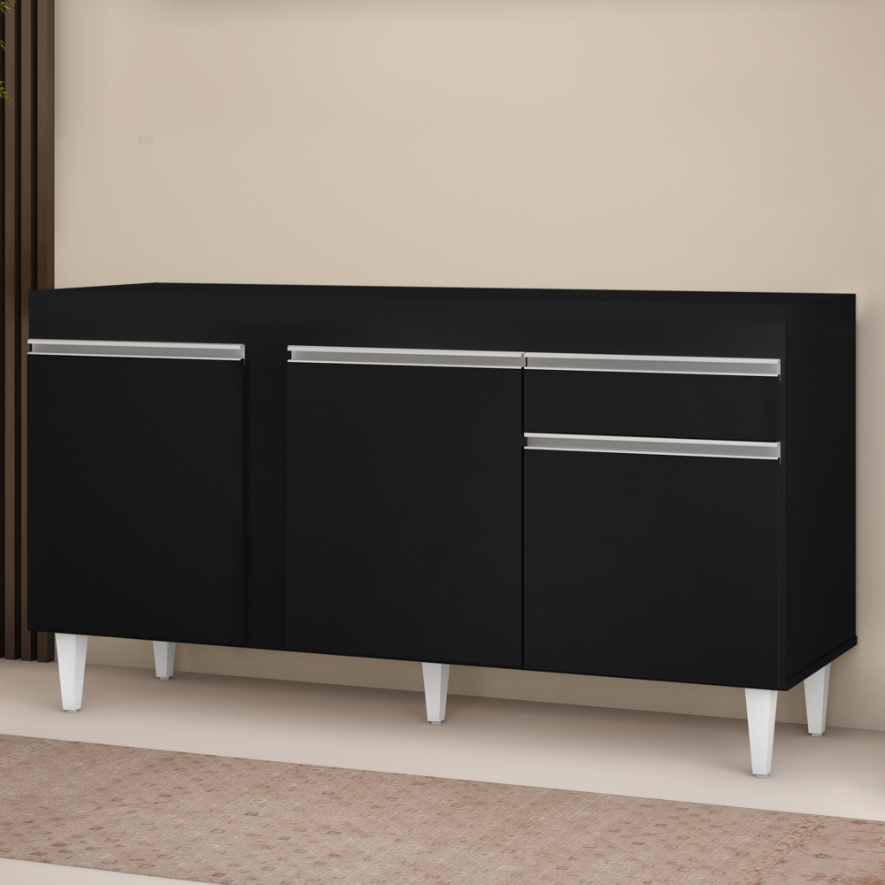 Balcão Gabinete Para Pia 150cm Sem Tampo 3 Portas 1 Gaveta Dakota Preto - Lumil