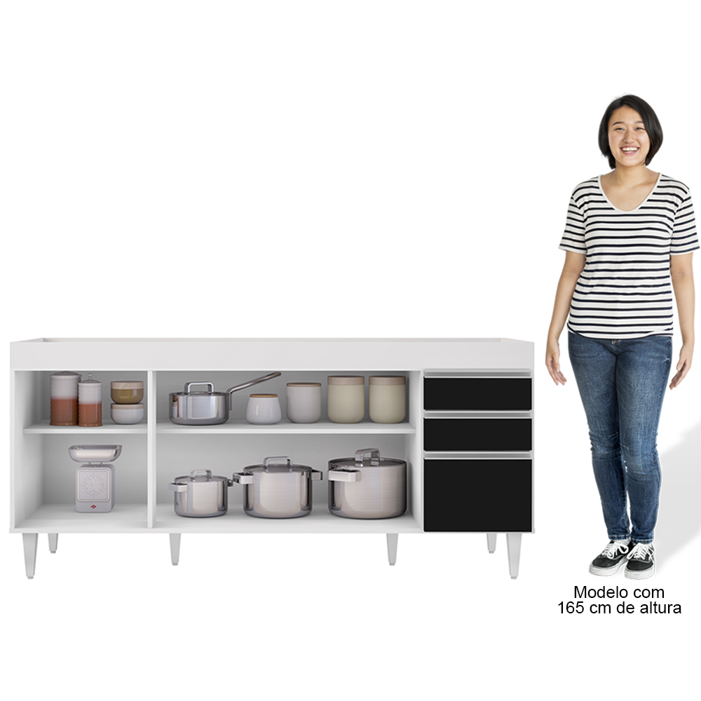 Balcão Gabinete Para Pia 180cm Sem Tampo Dallas Branco/Preto - Lumil