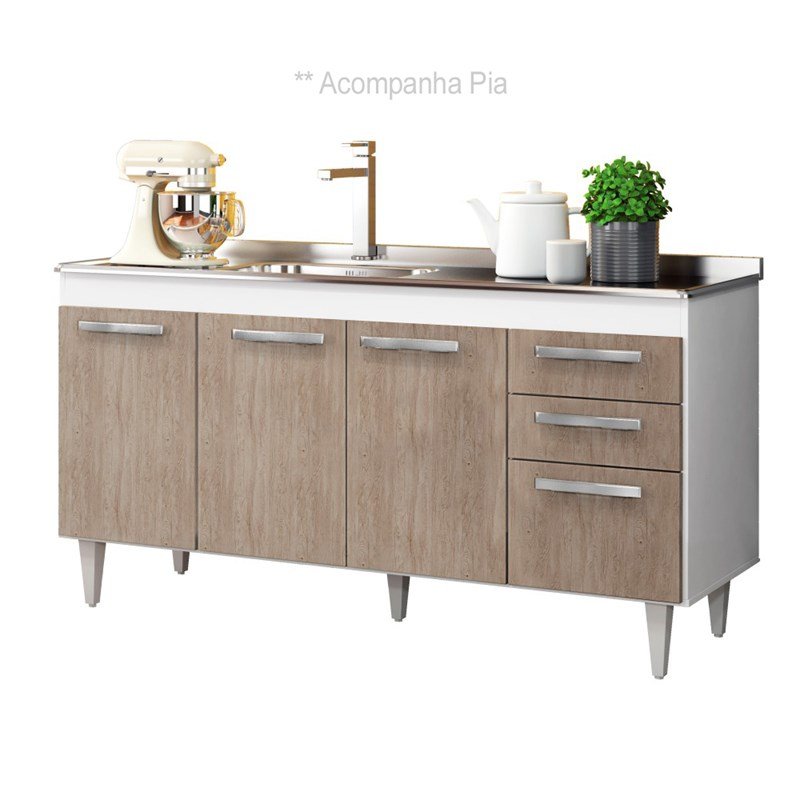 Balcão Gabinete Pia Inox 150cm Lisboa 4 Portas Branco/Castanho - Lumil Móveis