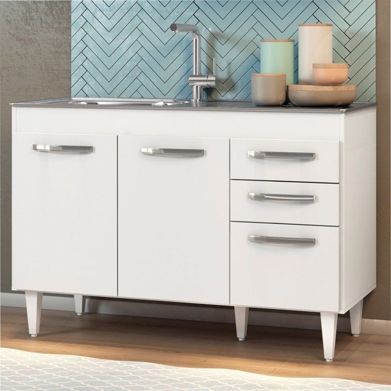 Balcão Gabinete Pia Inox Suécia 120cm 03 Portas Branco - Lumil Móveis