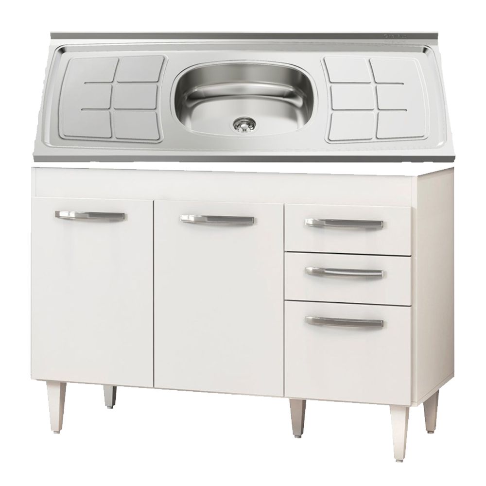 Balcão Gabinete Pia Inox Suécia 120cm 03 Portas Branco/Castanho - Lumil Móveis