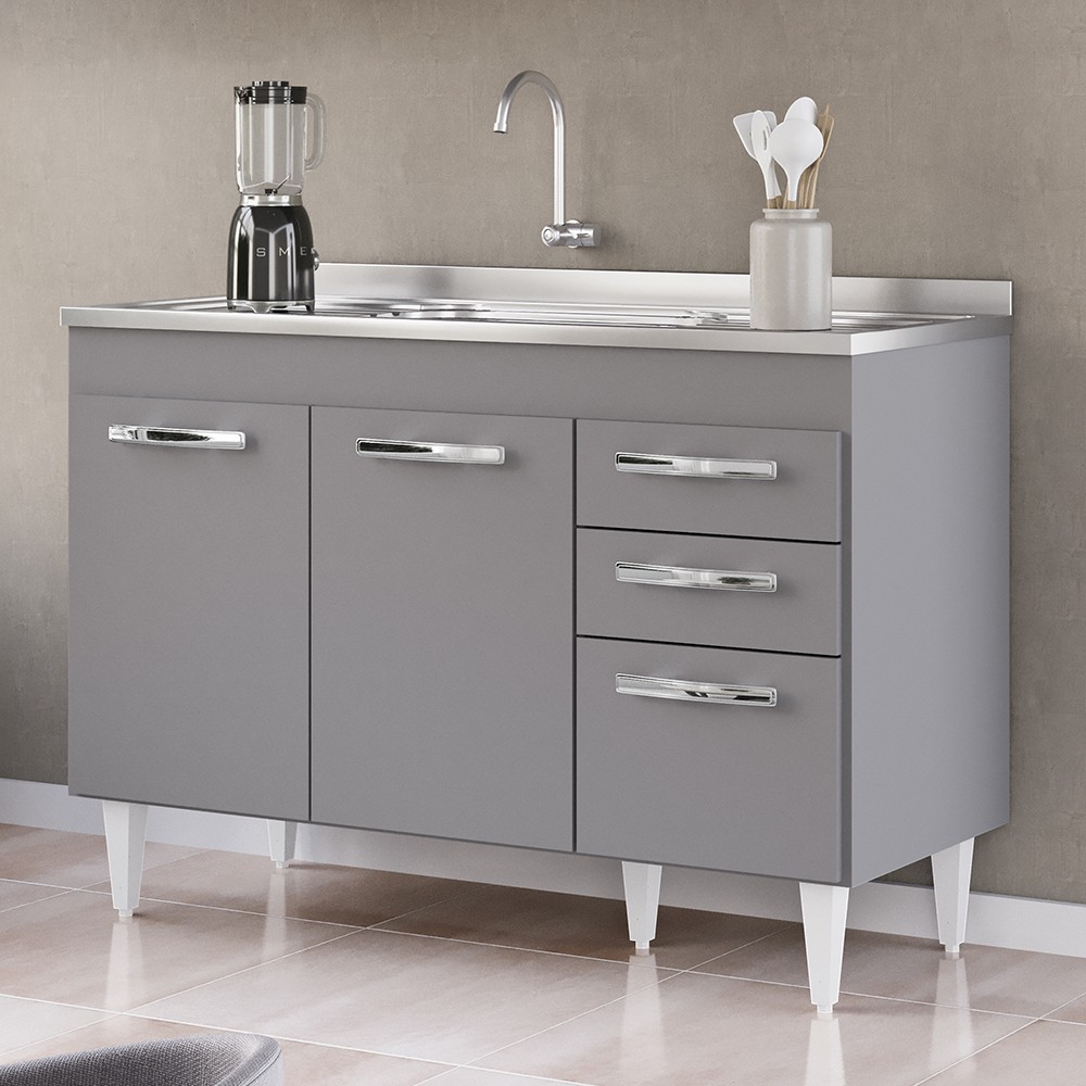 Balcão Gabinete com Pia Inox 120cm 3 Portas 2 Gavetas Suécia Cinza - Lumil
