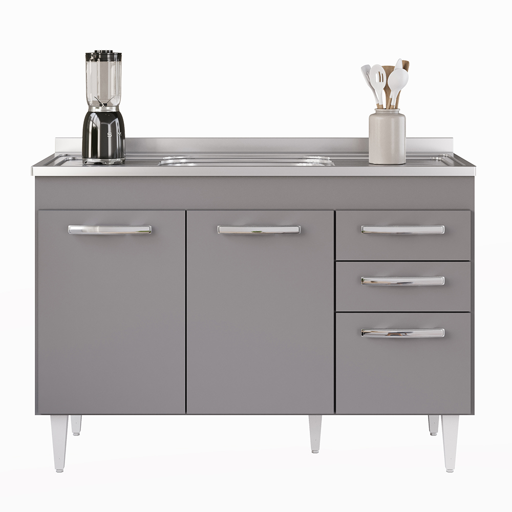 Balcão Gabinete com Pia Inox 120cm 3 Portas 2 Gavetas Suécia Cinza - Lumil