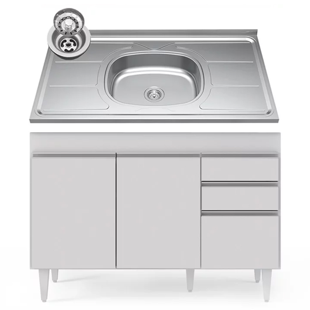 Balcão Gabinete com Pia Inox 120cm Michigan Branco - Lumil