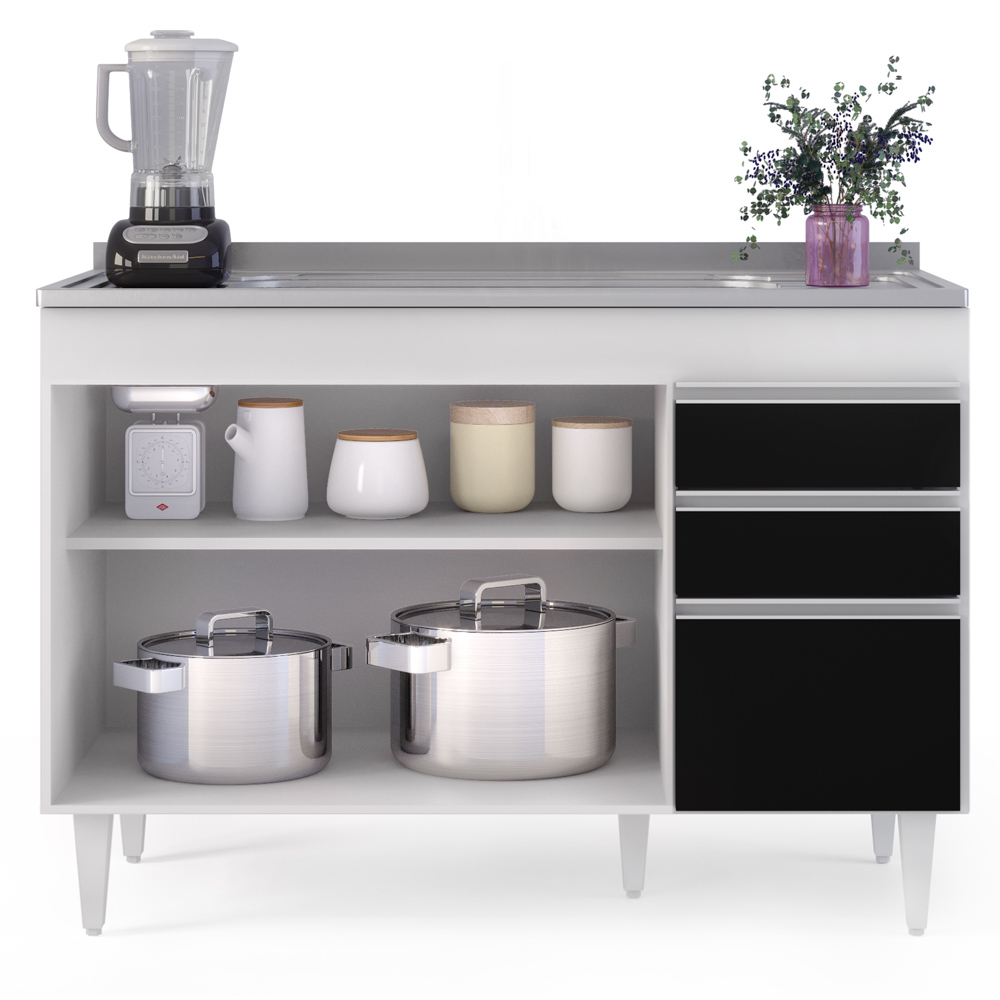 Balcão Gabinete com Pia Inox 120cm Michigan Branco/Preto - Lumil