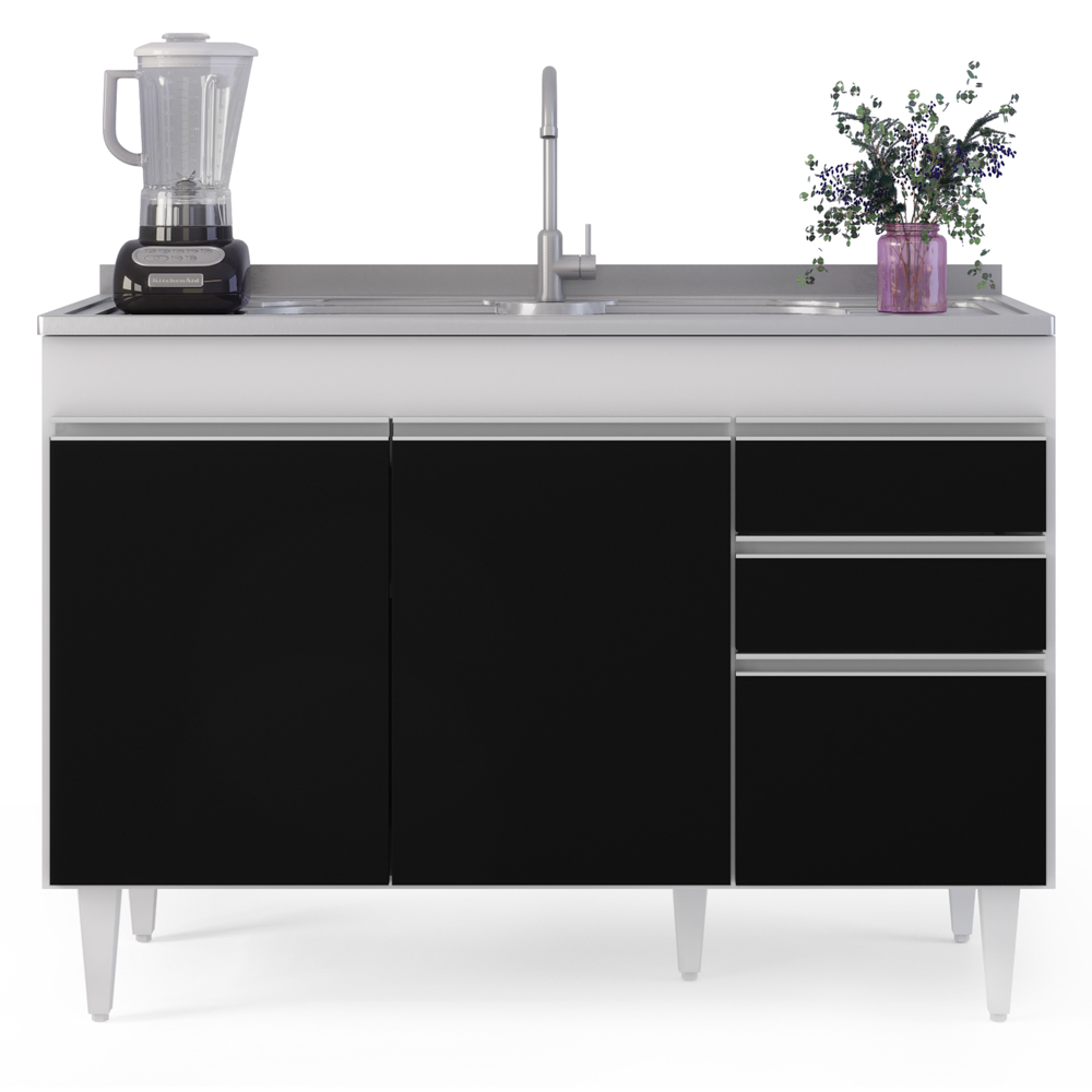 Balcão Gabinete com Pia Inox 120cm Michigan Branco/Preto - Lumil