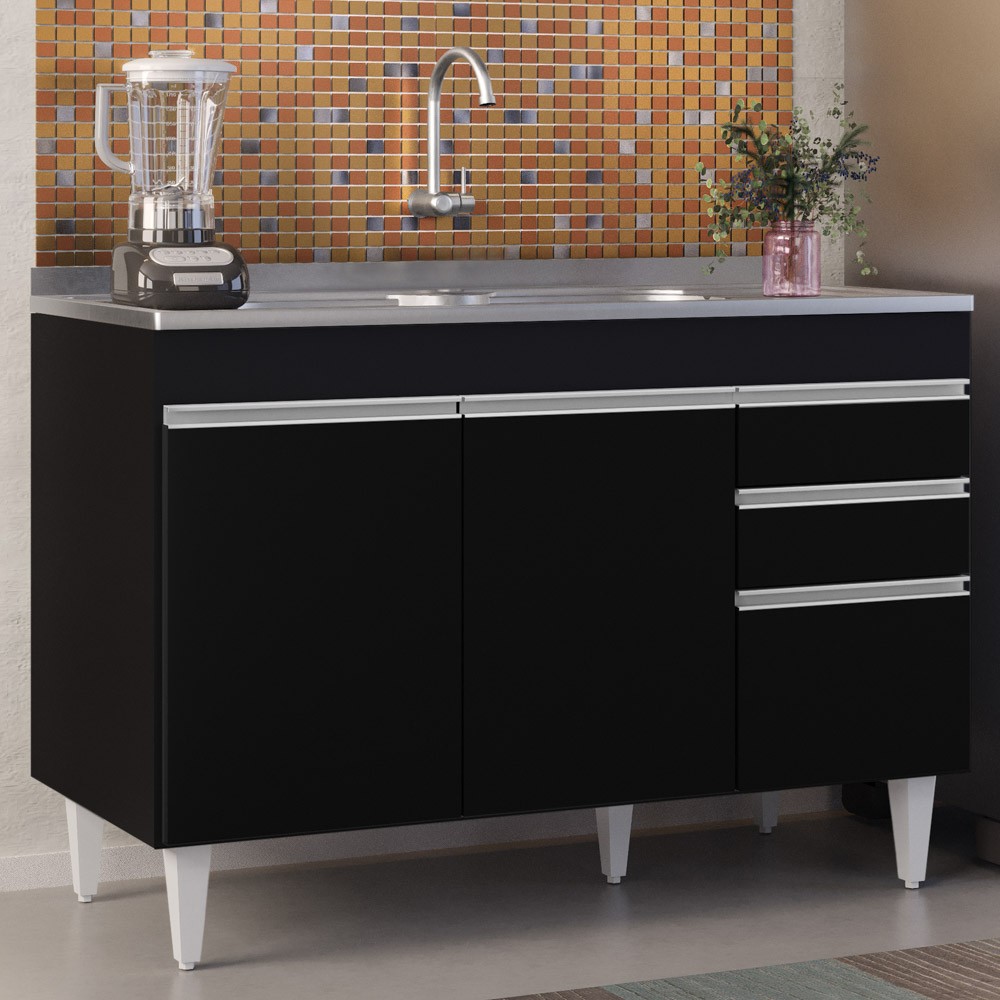Balcão Gabinete com Pia Inox 120cm Michigan Preto - Lumil