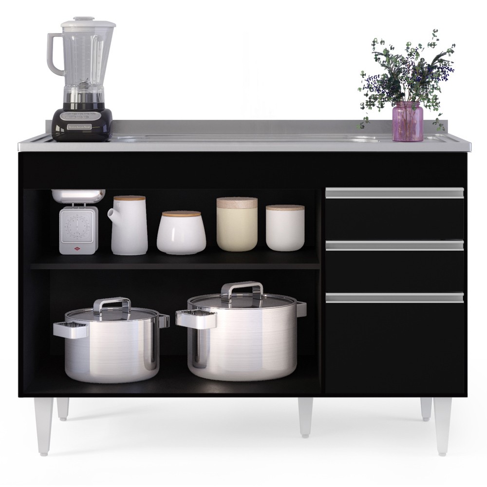 Balcão Gabinete com Pia Inox 120cm Michigan Preto - Lumil