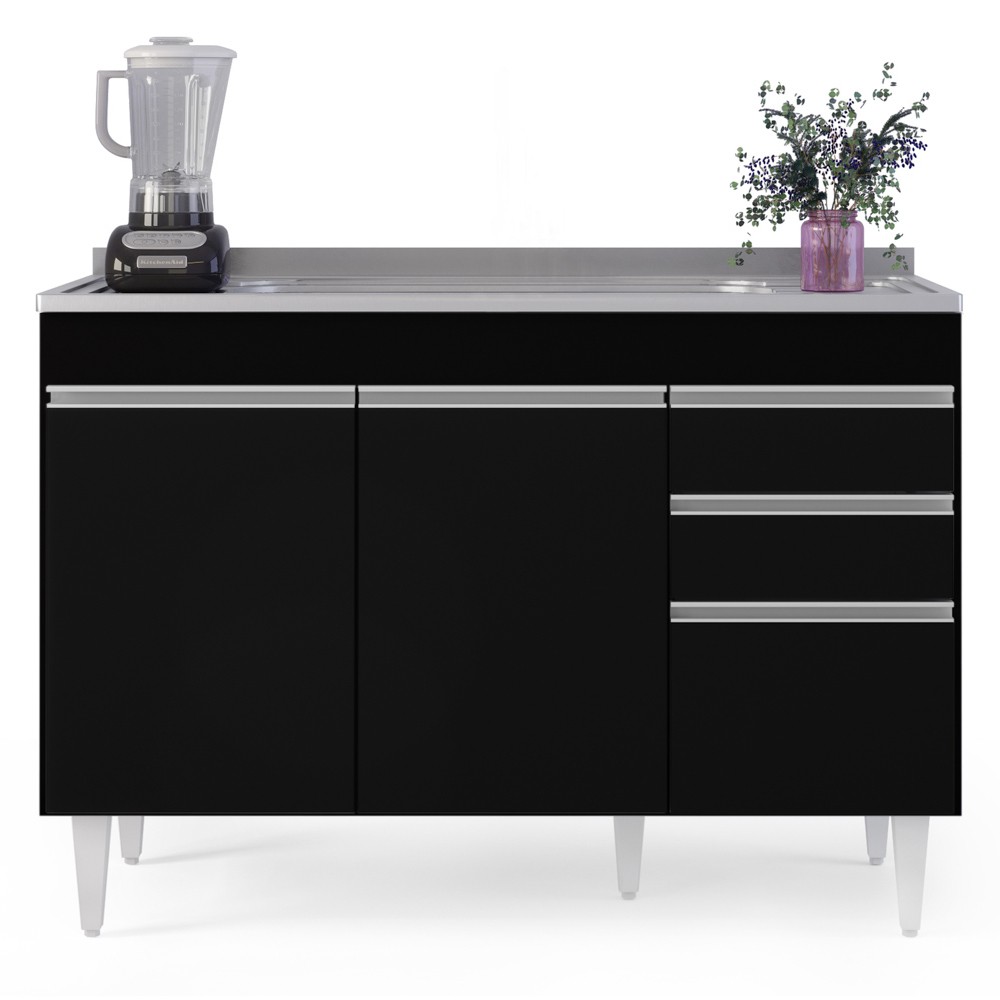 Balcão Gabinete com Pia Inox 120cm Michigan Preto - Lumil