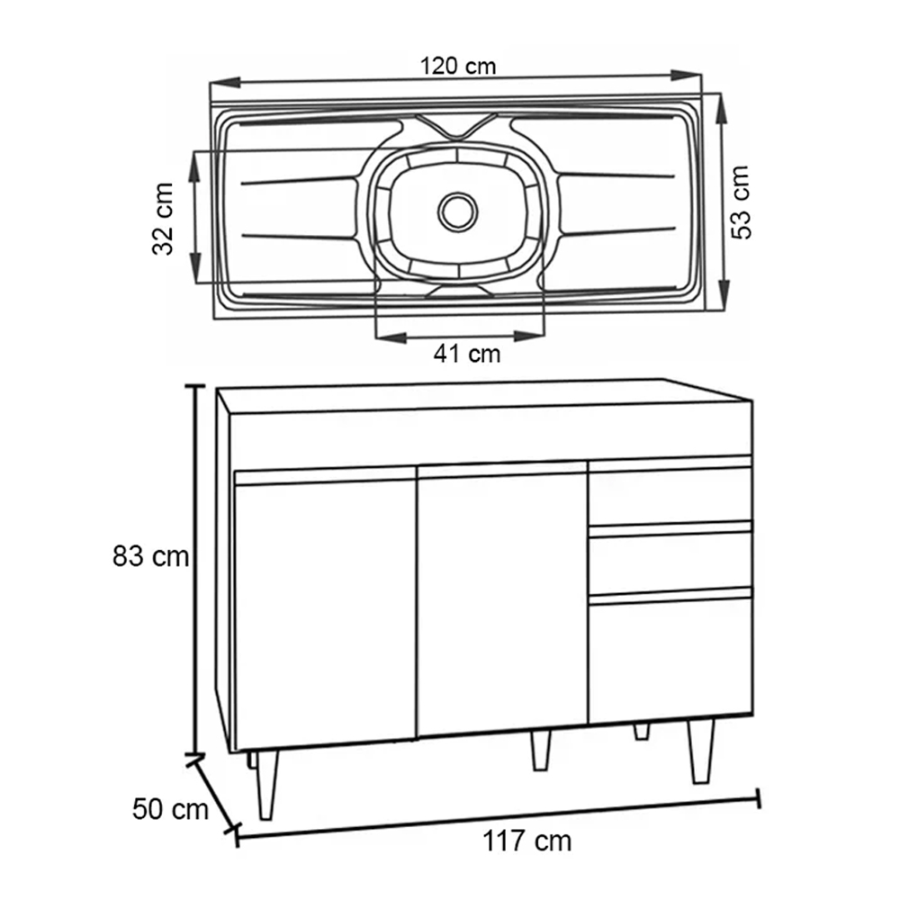 Balcão Gabinete com Pia Inox 120cm Michigan Preto/Cinza - Lumil