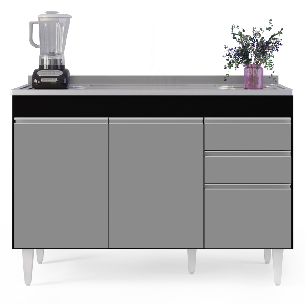 Balcão Gabinete com Pia Inox 120cm Michigan Preto/Cinza - Lumil