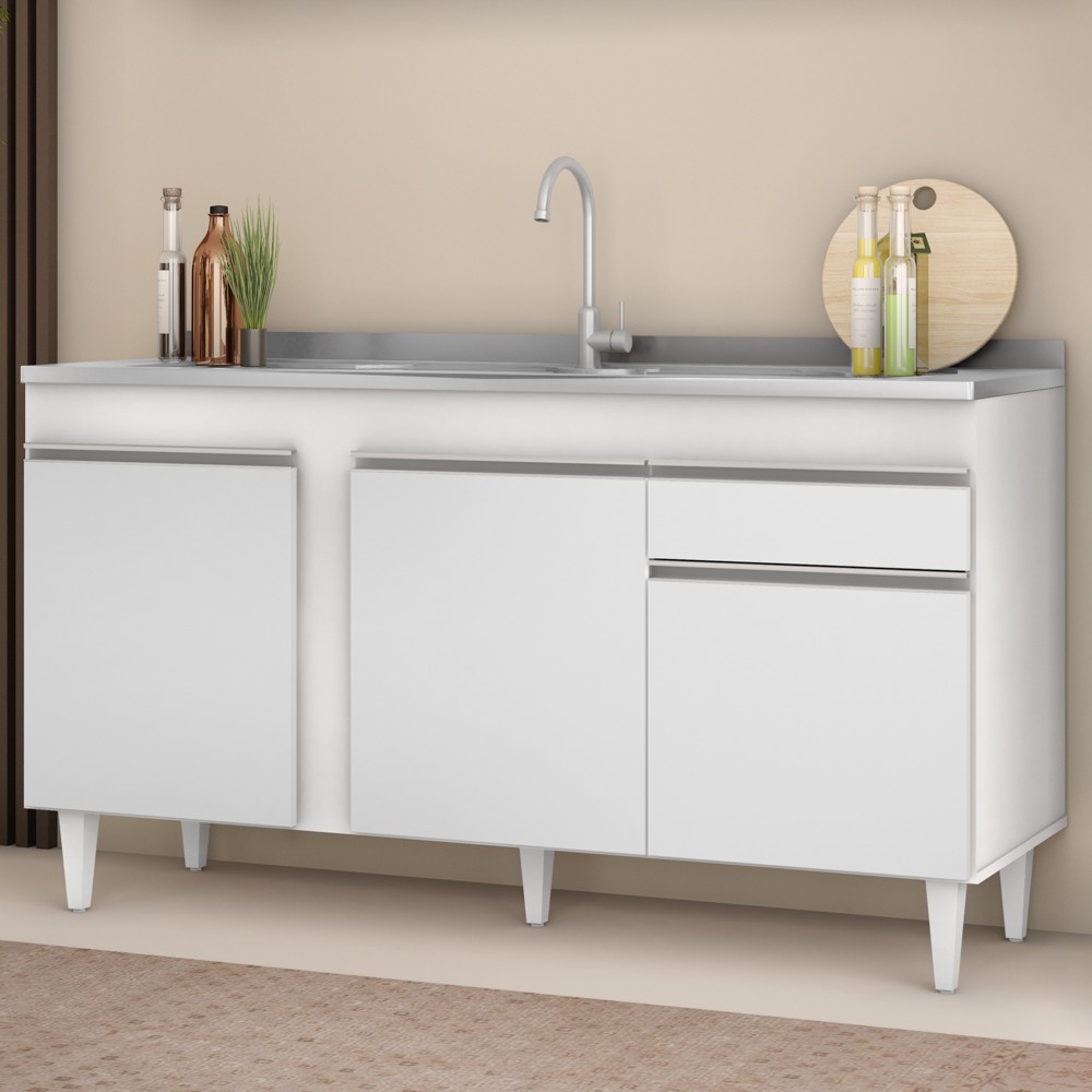 Balcão Gabinete com Pia Inox 150cm 3 Portas 1 Gaveta Dakota Branco - Lumil