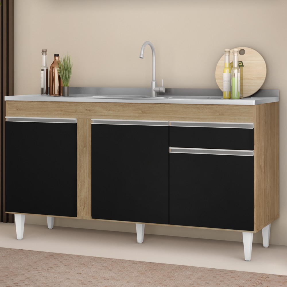 Balcão Gabinete com Pia Inox 150cm 3 Portas 1 Gaveta Dakota Castanho/Preto - Lumil