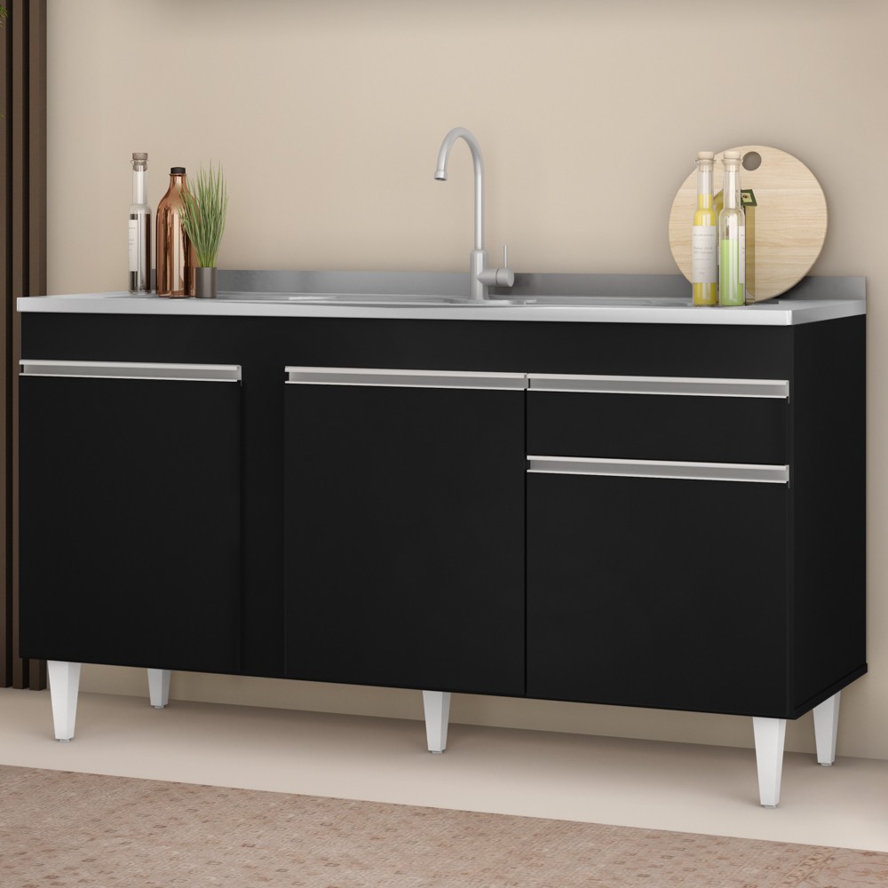 Balcão Gabinete com Pia Inox 150cm 3 Portas 1 Gaveta Dakota Preto - Lumil