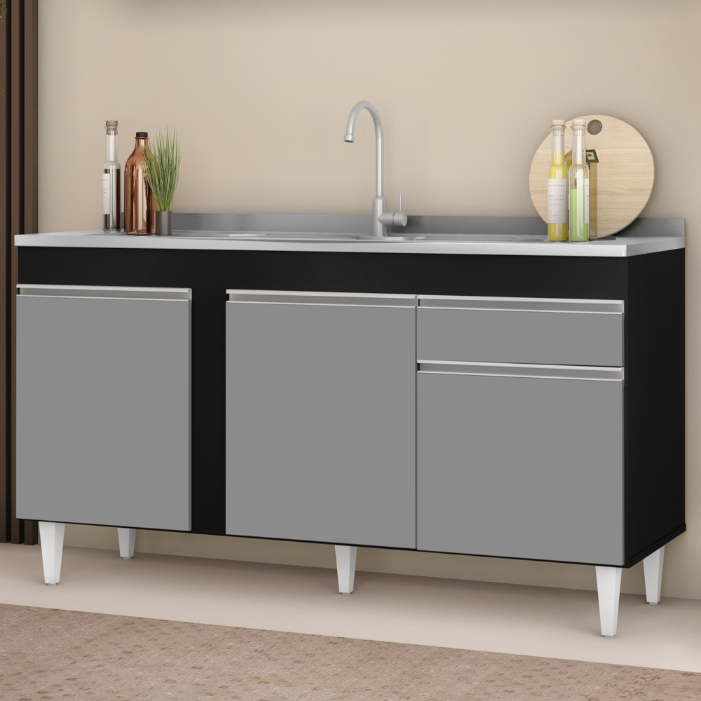Balcão Gabinete com Pia Inox 150cm 3 Portas 1 Gaveta Dakota Preto/Cinza - Lumil