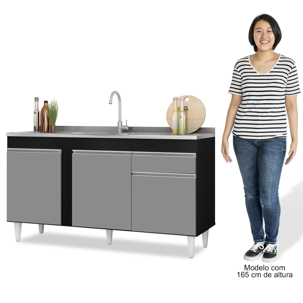 Balcão Gabinete com Pia Inox 150cm 3 Portas 1 Gaveta Dakota Preto/Cinza - Lumil