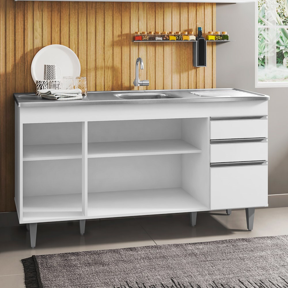 Balcão Gabinete com Pia Inox 150cm 4 Portas 2 Gavetas Marrocos Branco - Lumil