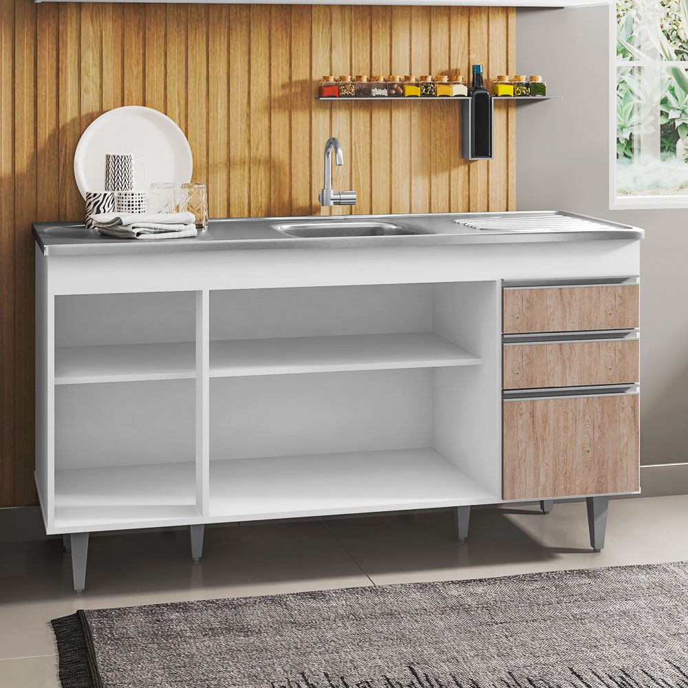 Balcão Gabinete com Pia Inox 150cm 4 Portas 2 Gavetas Marrocos Branco/Castanho - Lumil