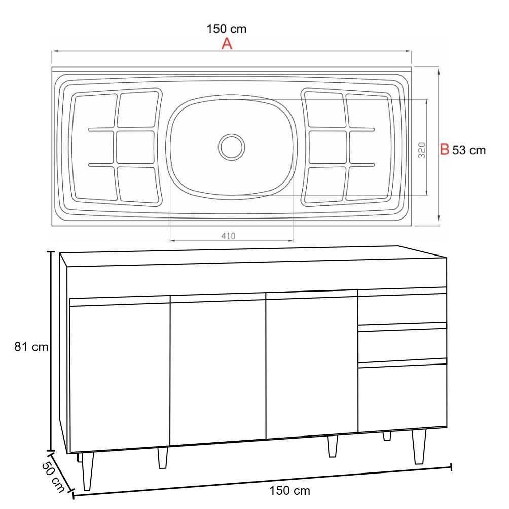 Balcão Gabinete com Pia Inox 150cm 4 Portas 2 Gavetas Marrocos Branco/Preto - Lumil